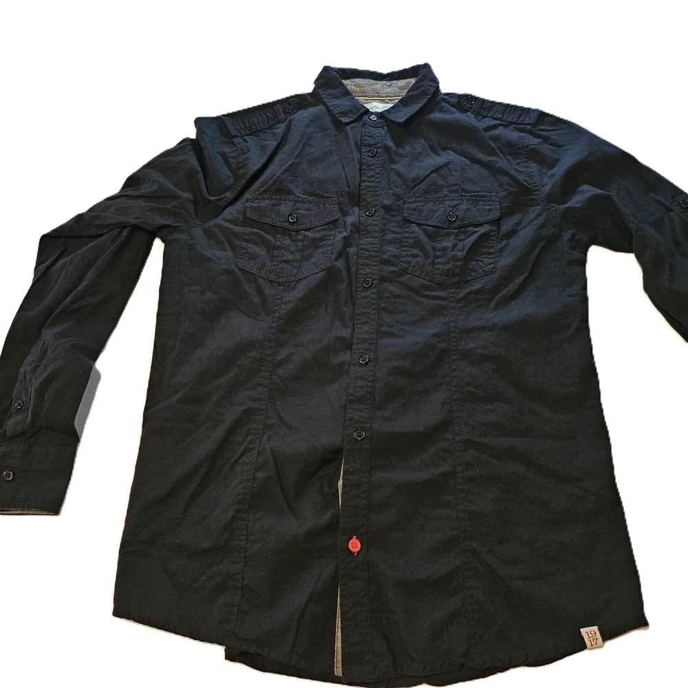 Men's Flip Cuff Black Button-Up Long Sleeve Shirt SZ S,Casual,Business,Preppy